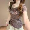 Summer Sweet & Spicy Striped Off-Shoulder Slim Fit T-Shirt for Women