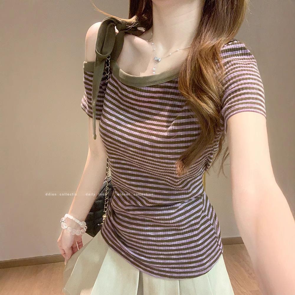 Summer Sweet & Spicy Striped Off-Shoulder Slim Fit T-Shirt for Women