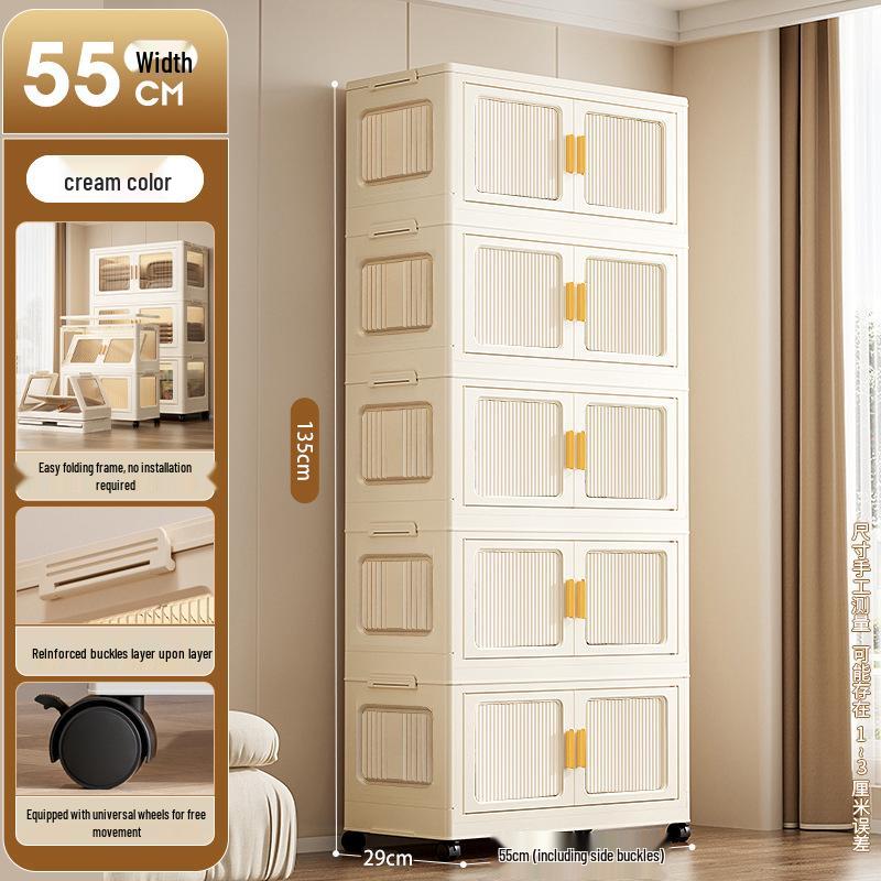 Movable Multi-Layer Folding Storage Cabinet: No-Installation Plastic Organizer for Bedroom and Living Room