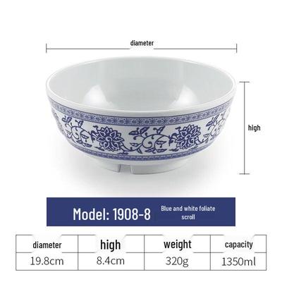 Melamine Blue & White Porcelain Ramen Bowl