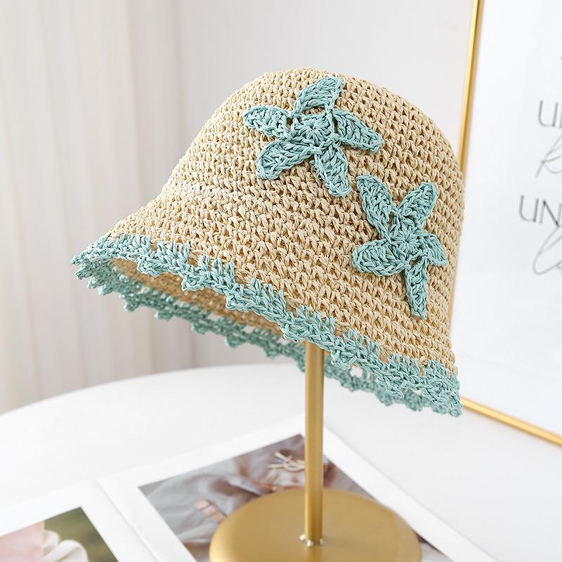 New Contrasting Color Star Big Brim Woven Straw Hat Women's Sunscreen Sunshade Sun Hat Beach Bucket Hat