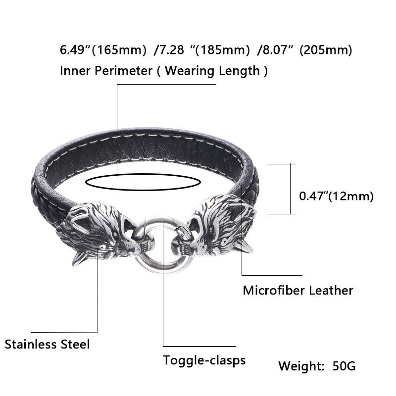 Klasický Zvířecí Severský Viking Dvojitá Vlčí Hlava 316L Nerezová Ocel Pánský Kožený Náramek Módní Punkové Šperky Pulseras