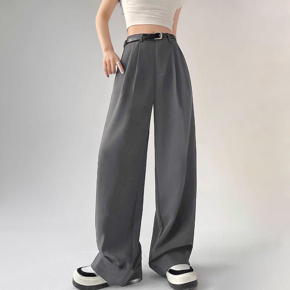 Women s High-End Wide-Leg Drape Pants - Spring/Summer 2026 Collection Gray Short with Black Belt, Length 95cm