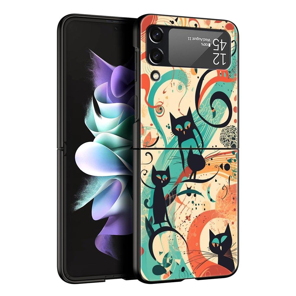 Abstract Creative Cute Cat Line Pattern Hard PC Phone Case For Samsung Galaxy Z Flip 7 6 5 4 Black Cover For Galaxy Z Flip 3 Bag