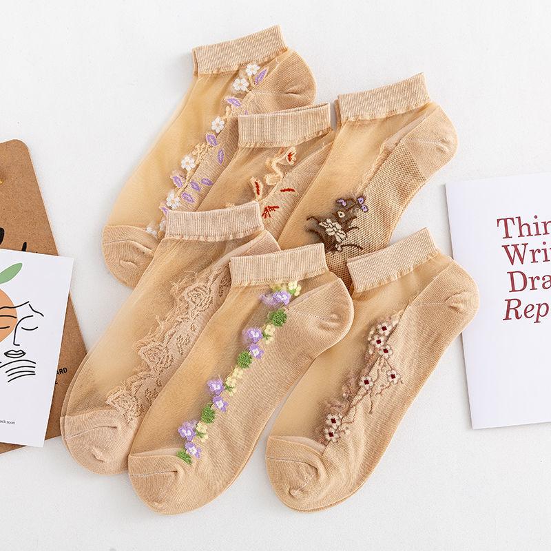 6 Pairs of Summer Ice Silk Short Tube Socks Rose Glass Silk Cotton Bottom Thin Breathable and Non Slip Women's Crystal Silk Socks
