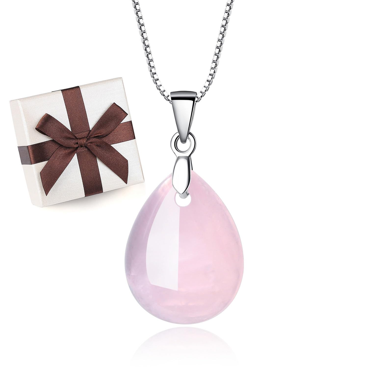

[KOAI] Teardrop Rose Quartz 925 Silver Chain Teardrop Water Droplet Love Fulfillment Lucky Charm Pendant Necklace for Women