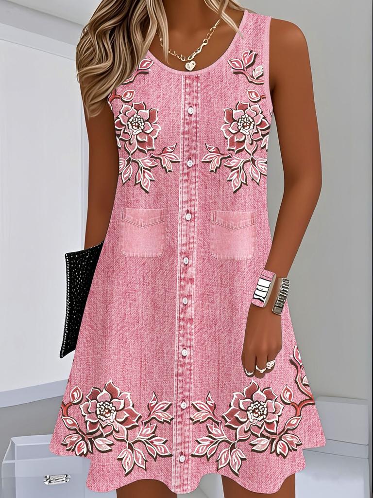 Standard dress for summer, milk thread fabric, digital print slip dress with faux denim, sleeveless straight-leg loose fit
