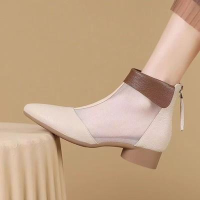 Women's Leather Mesh Low Heel Cool Boots Spring Summer New Pointed Toe Soft Sole Lightweight Breathable Zippers Ankle Boots