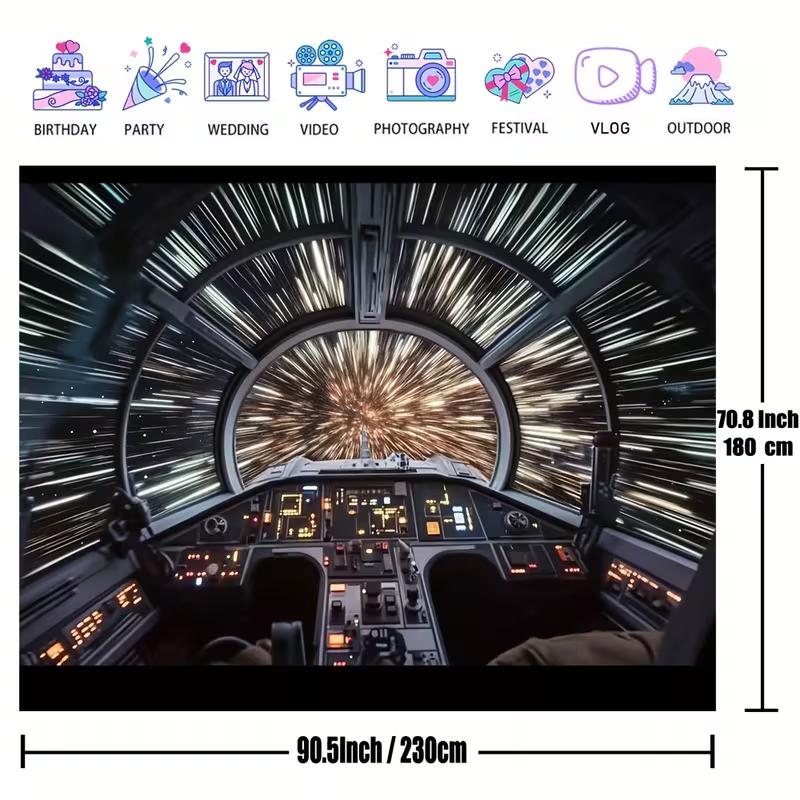 

2D Sci-Fi Spaceship Cockpit Backdrop, Hyperspace Starfield Background for Fan Event Decor 47.2x31.5inch/120*80cm