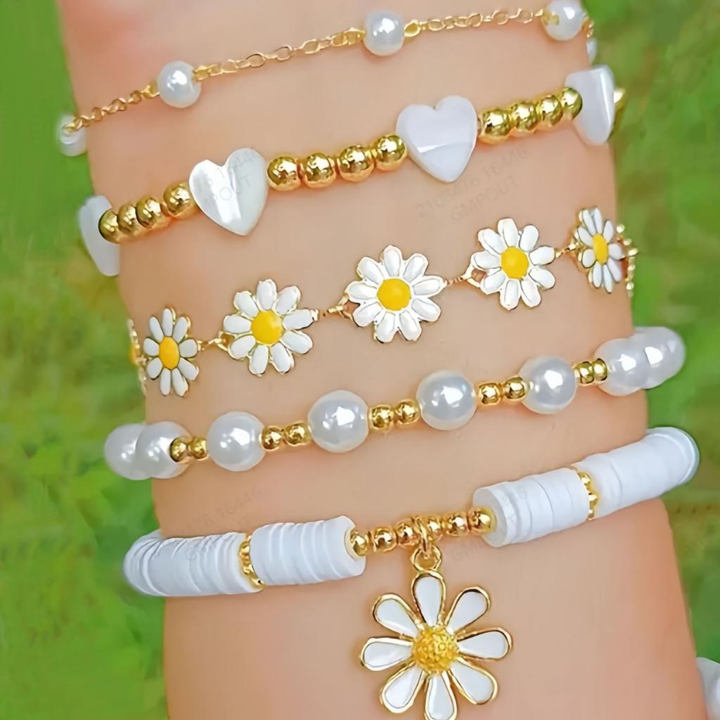 Personality Vintage Daisy Flower Pendant Bracelet Set for Women Bohemian Beaded Enamel Star Heart Pearl Bangles Trendy Jewelry Gifts