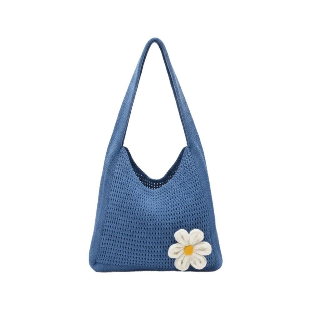 Breathable Crochet Shoulder Bag with Crochet Flower Seaside Vacation Handbag  Spring синий