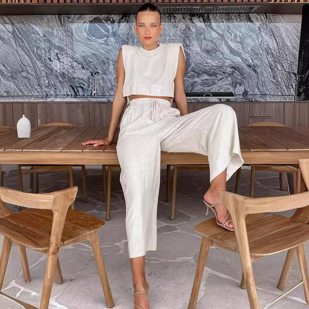 

Весна Лето Женский Праздничный Льняной Брючный Комплект Укороченные Топы Однотонные Наряды 2 Комплекта Из Двух Частей Для Женщин M абрикосовый