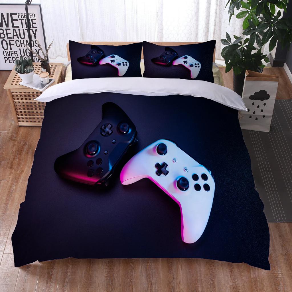 Gaming Gamer Duvet Cover Set Gamepad Bedding Set,Video Game Comforter Cover Neon Gamepad Geometry Brick Wall Design Quilt Cover