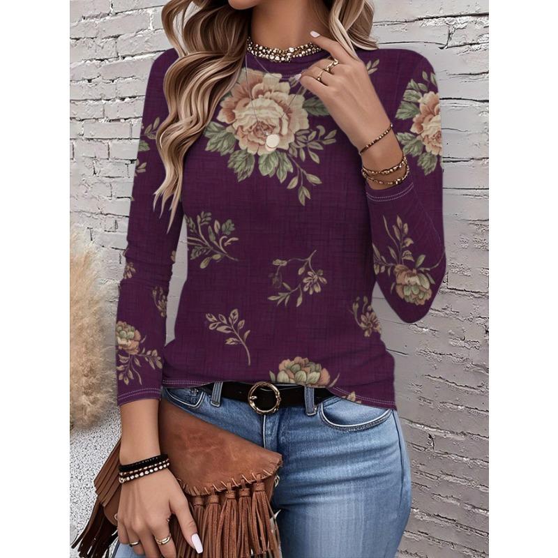 2026 New Women's Fashionable Long-Sleeved T-Shirt with Fresh Floral Pattern, Perfect for Everyday Wear and Stylish Outfits