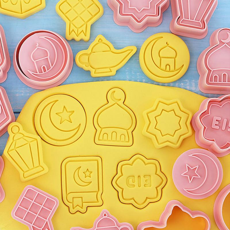 10 Pcs Eid Mubarak Cookie Cutters Food Grade Materials Moon Star Pressable Biscuits Mold Cookie Stamp Kitchen Baking Tool