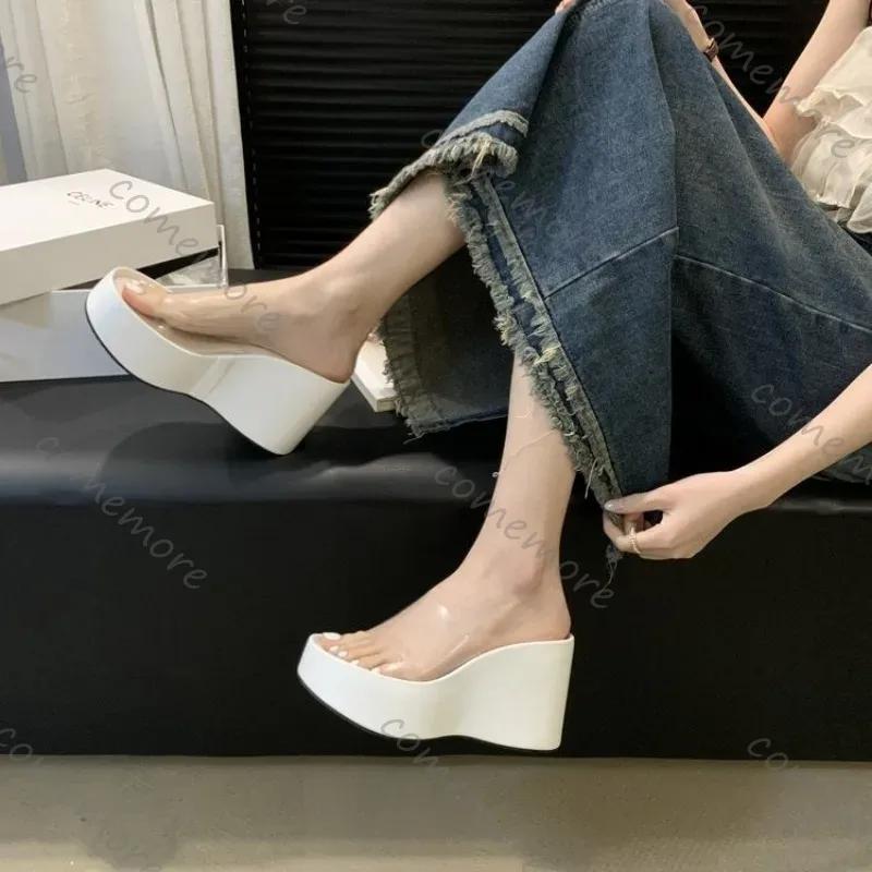 Comemore Summer Chunky Woman Slippers PVC Transparent Platform Wedges Slides Ladies Casual Outdoor Beach Sandals Shoes