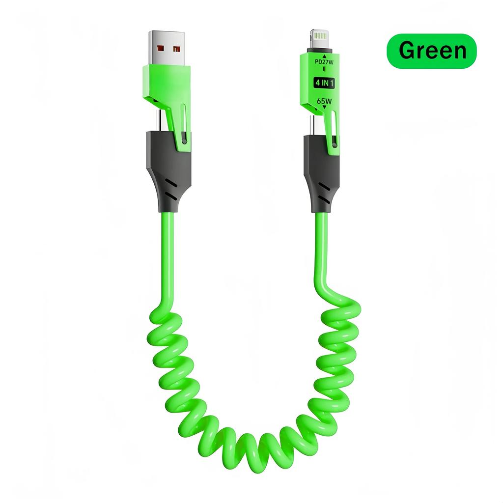 65W+PD27W 4 In 1 6A Charging Data Cable, Multifunctional Spring Retractable Fast Charging Cable for Samsung Huawei Xiaomi Iphone