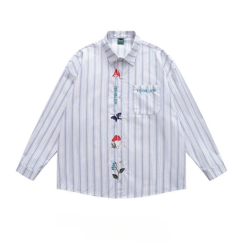 

Butterfly Embroidered Women s Striped Shirt Loose Woman s Casual Cardigan Tops Turn-down Collar Female s Pocket Top XL