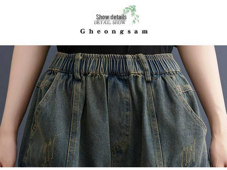 Plus-Size Women's High-Waist Retro Denim Shorts - Distressed, Washed, Wide-Leg, Five-Point, Versatile Summer Wear