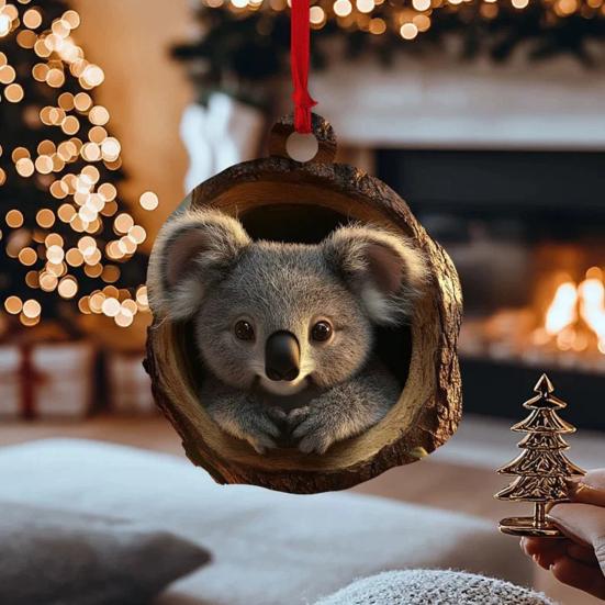 Owl Raccoon Christmas Ornament 2D Printed Acrylic Hanging Decor for Tree Festive Animal Tree Pendant