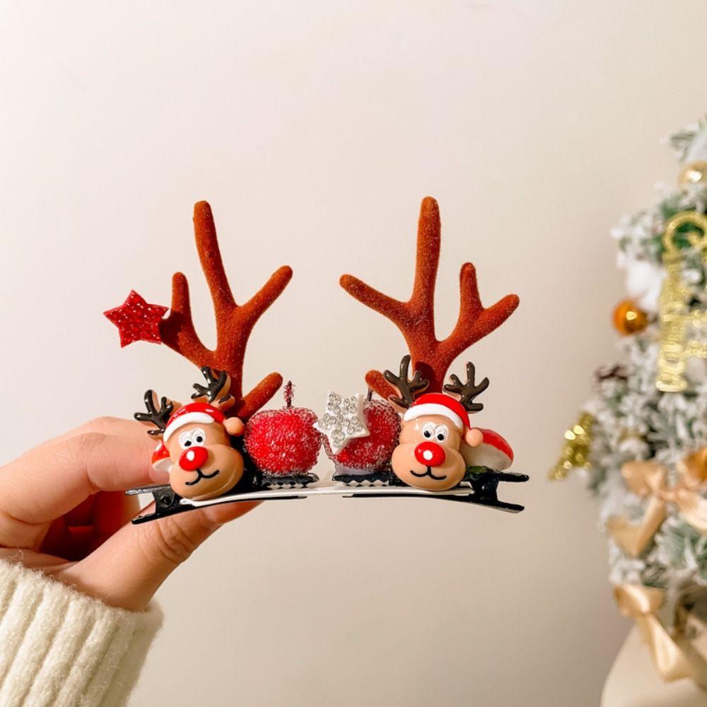 1 Pair Portable Hair Clips Pendants Cute Elk Horn Hair Clips Xmas Headwear  Christmas Decor