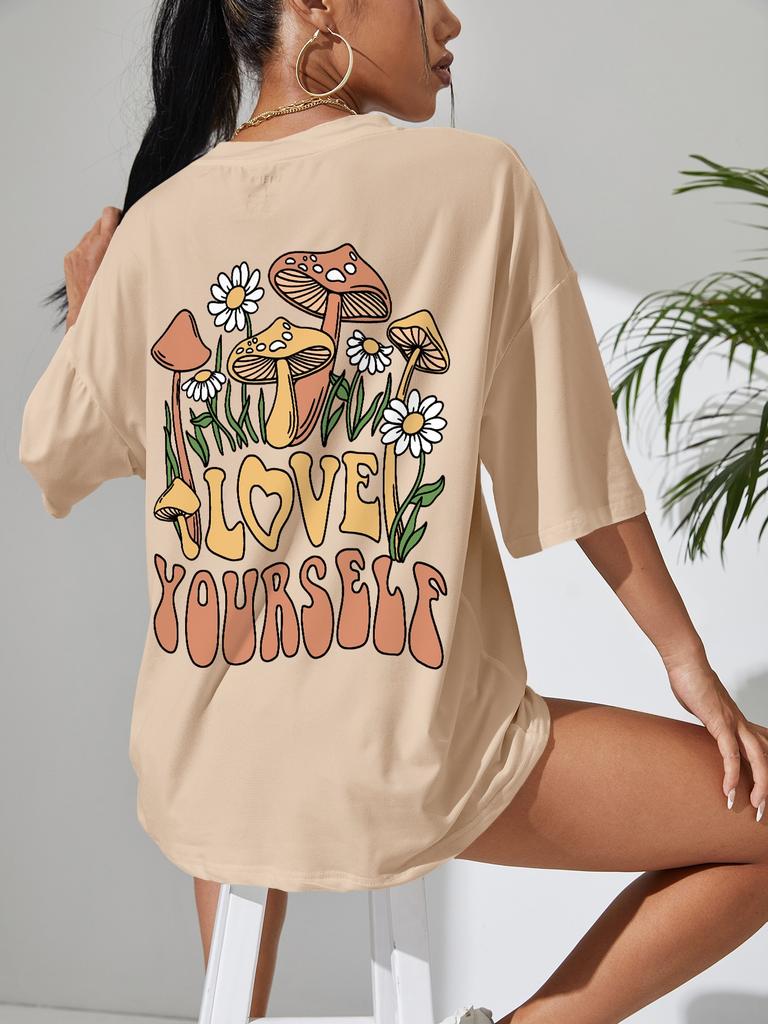 Love Yourself Grow Wantonly Cotton Prints Woman T-Shirt Essential Daily T-Shirt Personality Funny Short Sleeve Oversized Tshirts