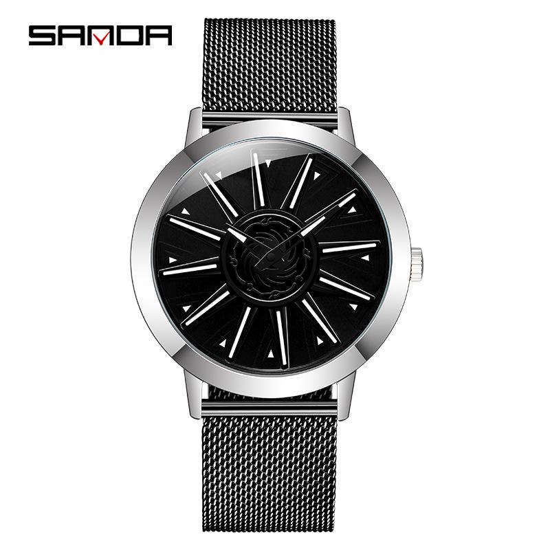 Sanda Men's Creative Rotating Quartz Wristwatch with Mesh Strap