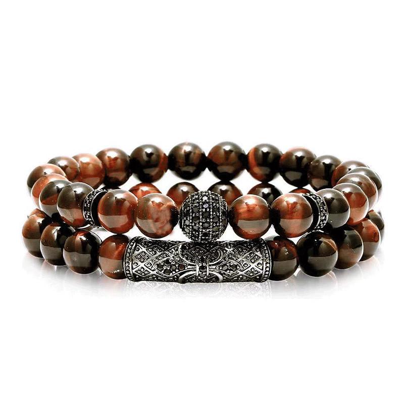 10mm Red Tiger Eye & Matte Agate Bracelet Set with Rhinestone Pave Ball