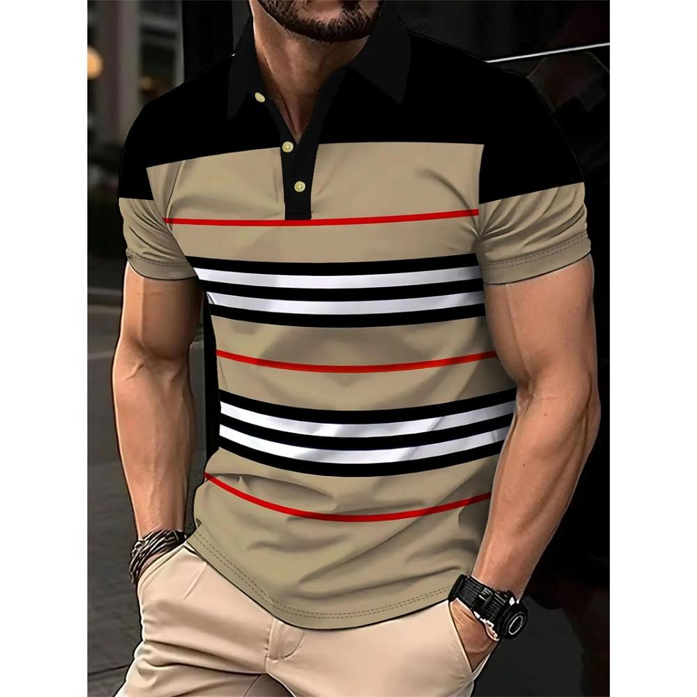 Simple Striped Polo Shirts For Men Summer Casual Short Sleeve 3D Printed Business Polo Shirt Loose Breathable Daily Wear Tees