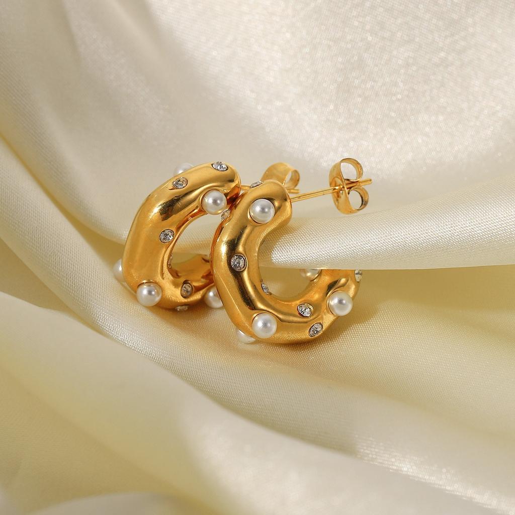 Chunky Stainless Steel Gold Plated Earrings for Women Irregular Pearl Rhinestone Statement Earring Jewelry