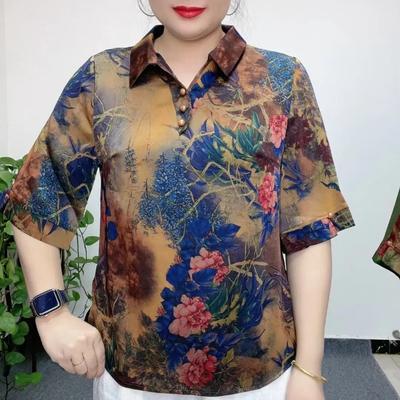 Womens Floral Print Polo Collar Half Sleeve Blouse