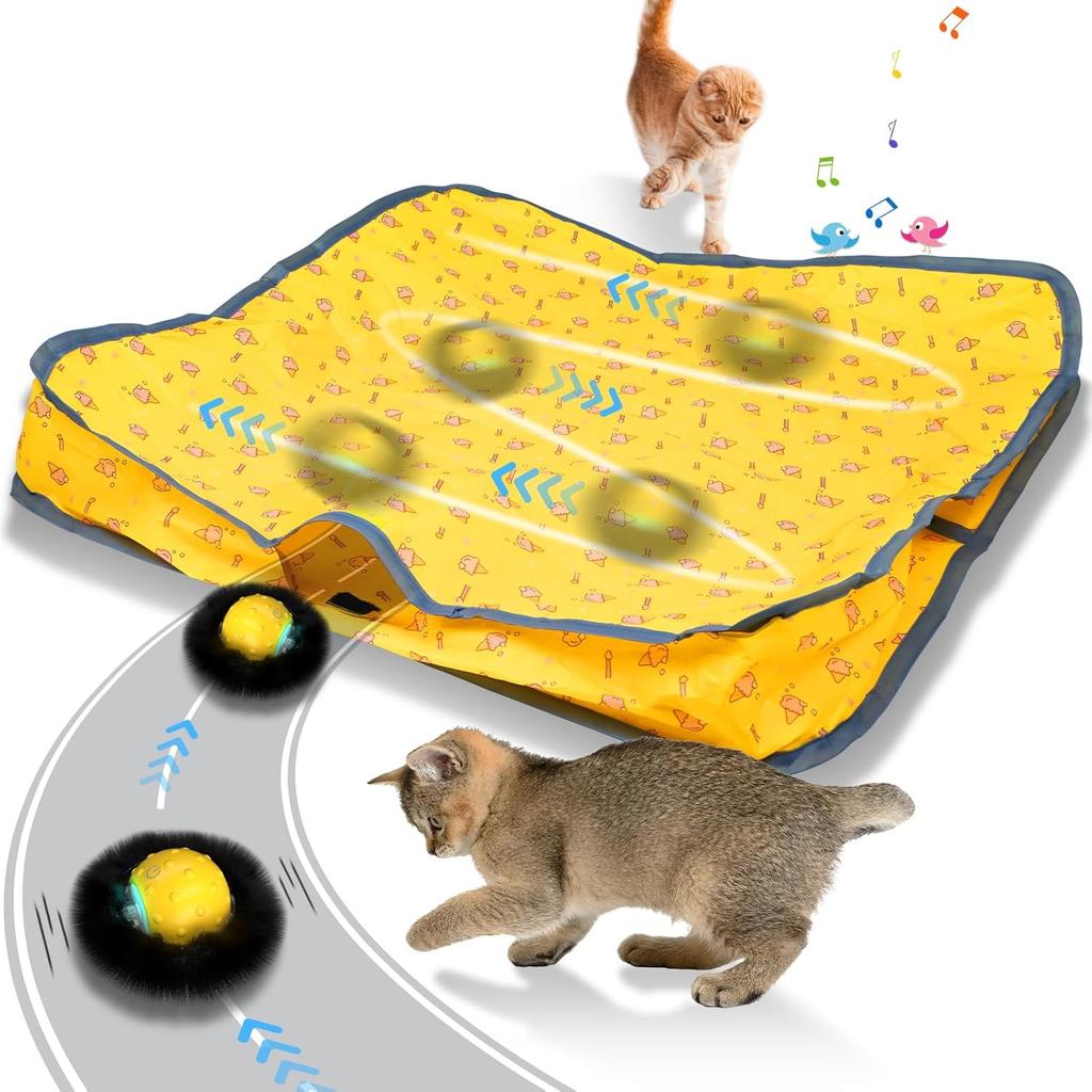 Interactive Cat Toys for Indoor Cats, Electric Cat Ball Fast Rolling in Pouch, Motion Activated Chirping Cat Toy, Hide and Seek Cat Toy with LED