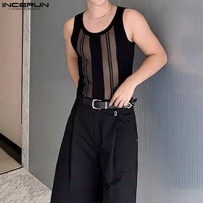 INCERUN Men Sleeveless Patchwork Mesh Sheer Tank Tops See Through Vest