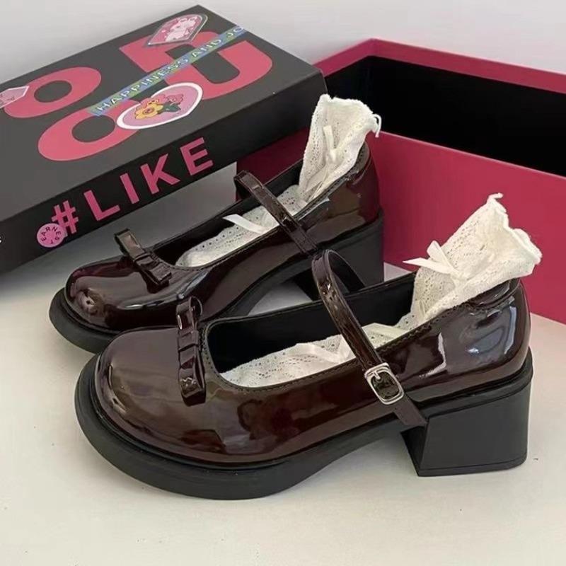 Round head versatile single shoes college style skirt autumn new high heels small leather shoes women's Mary Jane women's shoes