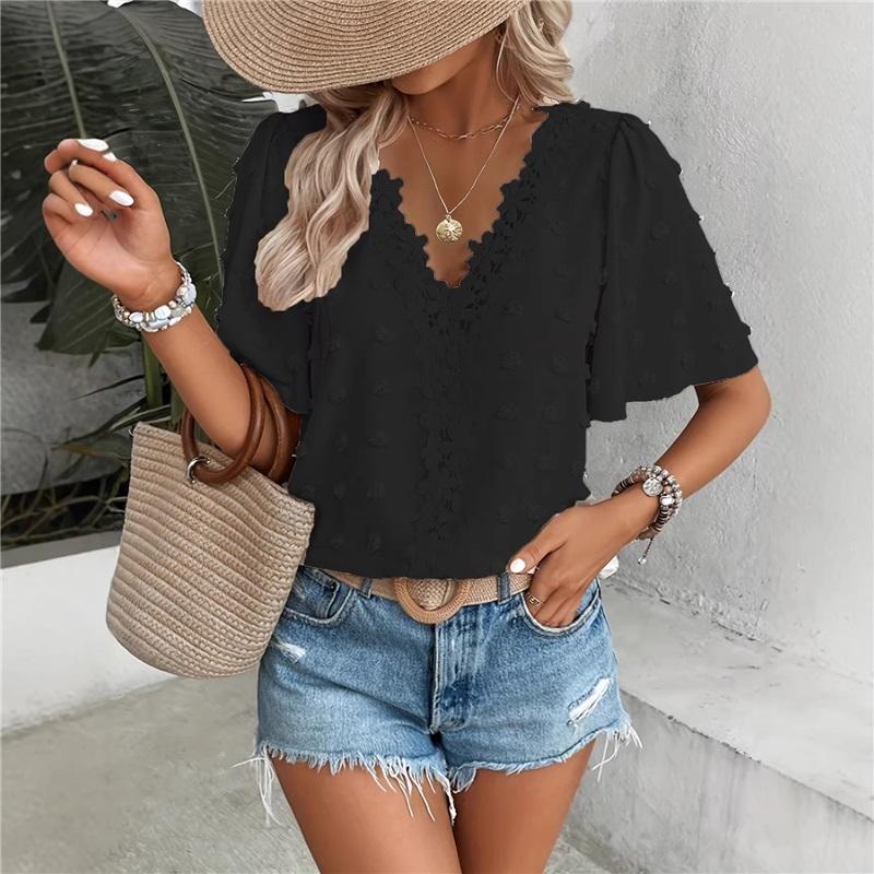 Comfortable Loose Jacquard Lace V-neck Short Sleeved Top For Women