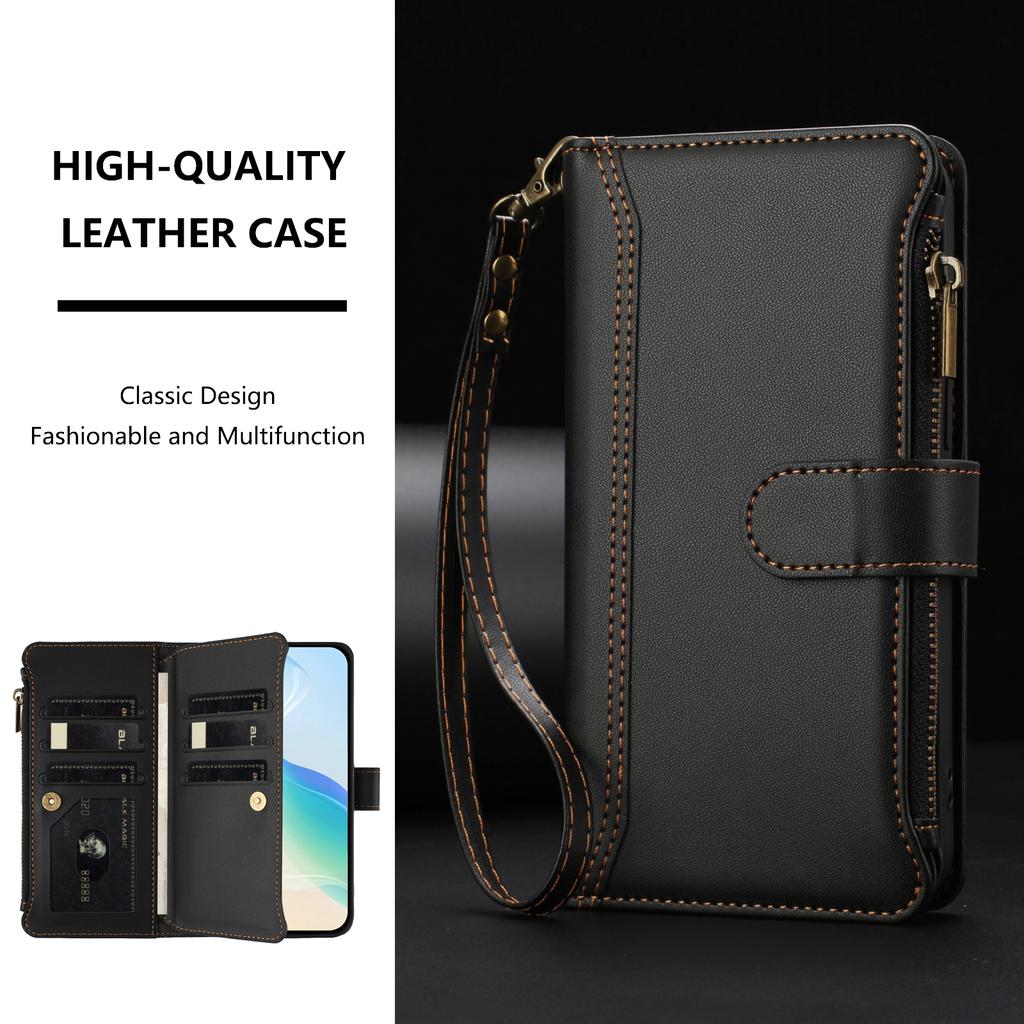For Motorola Moto G84 5G Leather Case 9 Card Slots Zipper Wallet Stand Phone Cover with Wrist Strap
