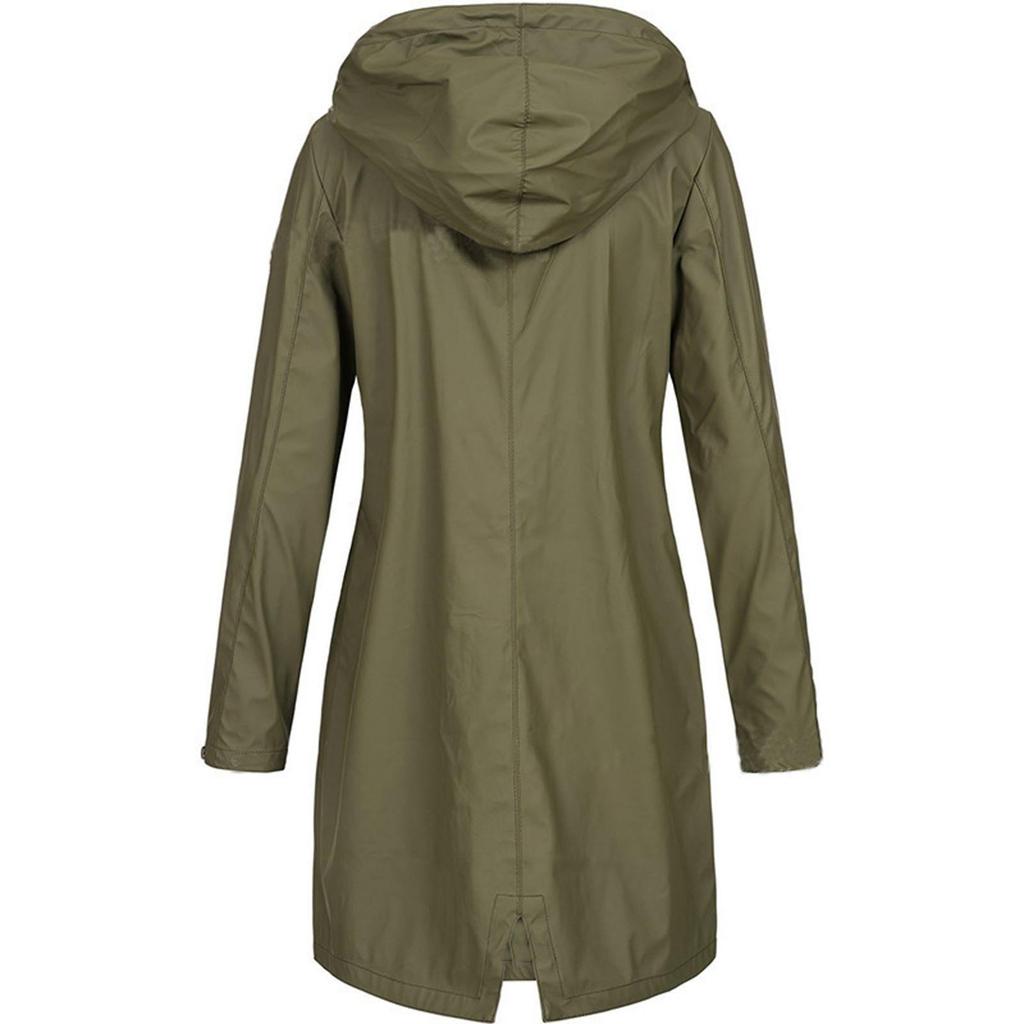 Women Solid Rain Outdoor Plus Size Hooded Raincoat Windproof Long Jacket Coat
