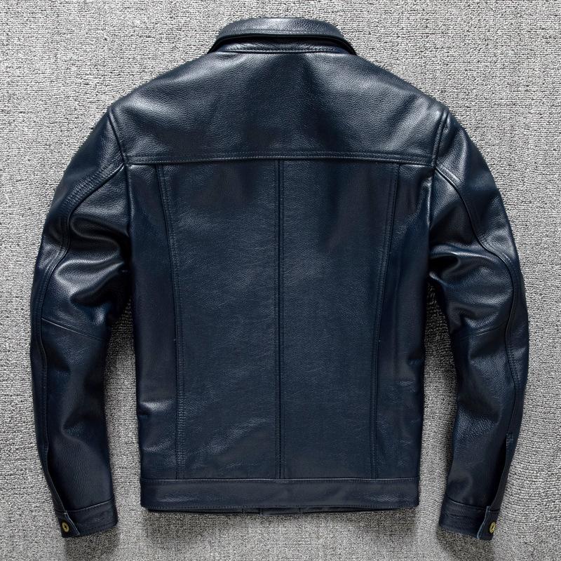 Calf Leather Head Layer Genuine Leather Lapel Short Denim Leather Jacket Men's Leather Jacket Motorcycle Large Size Jacket