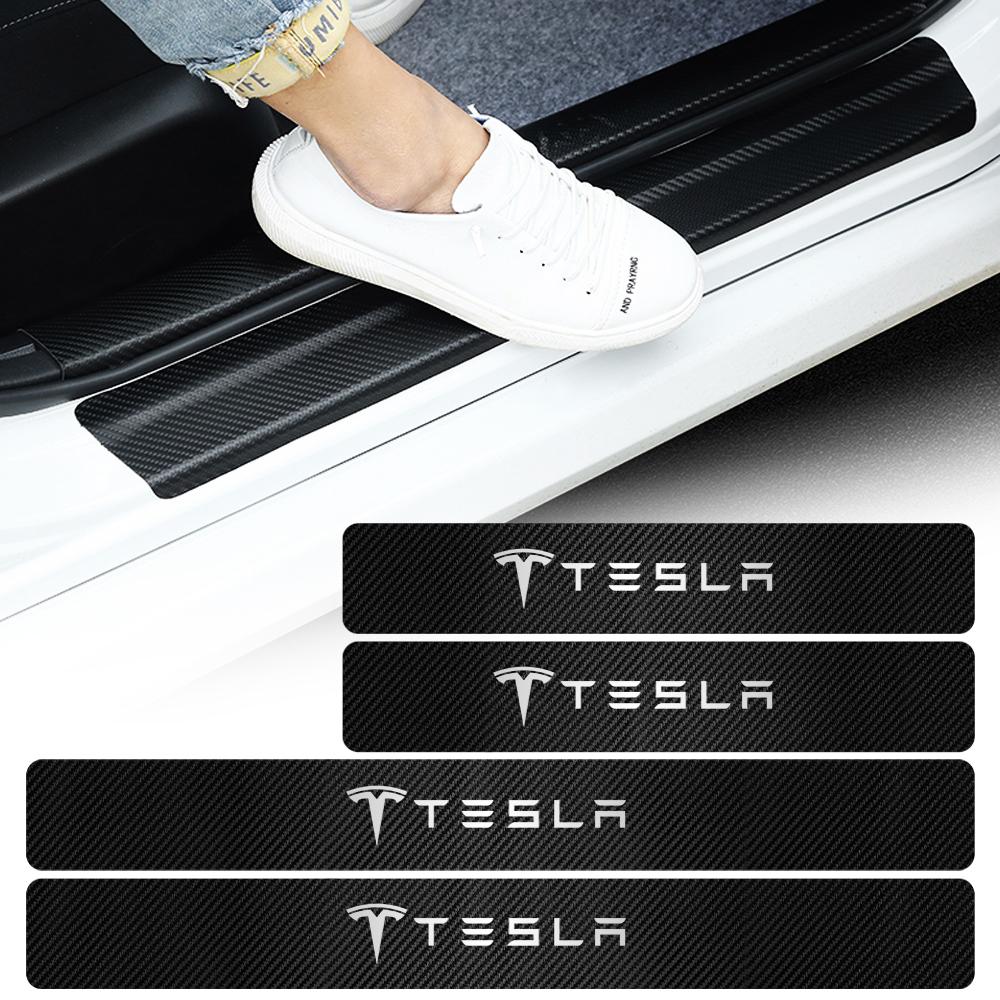 SGD4 4Pcs Car Door Sill Protection Sticker Anti-scratch Carbon Fiber Door Sill Sticker For Tesla Model 3 Model S Model X Model Y Mod