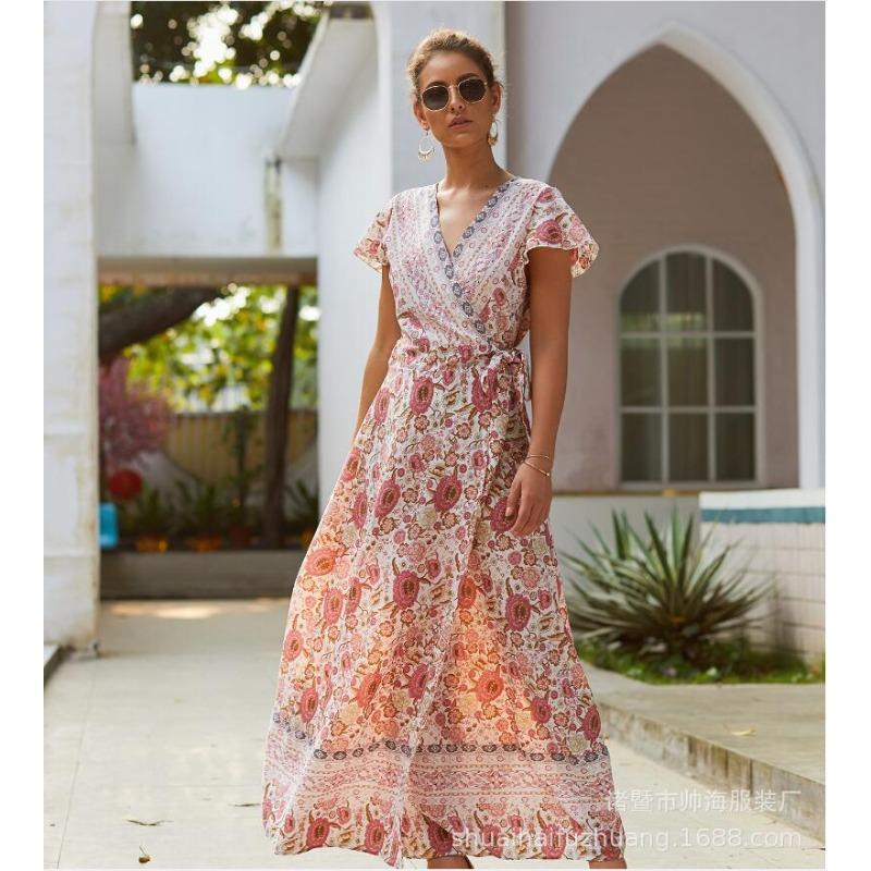 

Casual vacation print dress women s lace-up big swing slim short sleeves S розовый