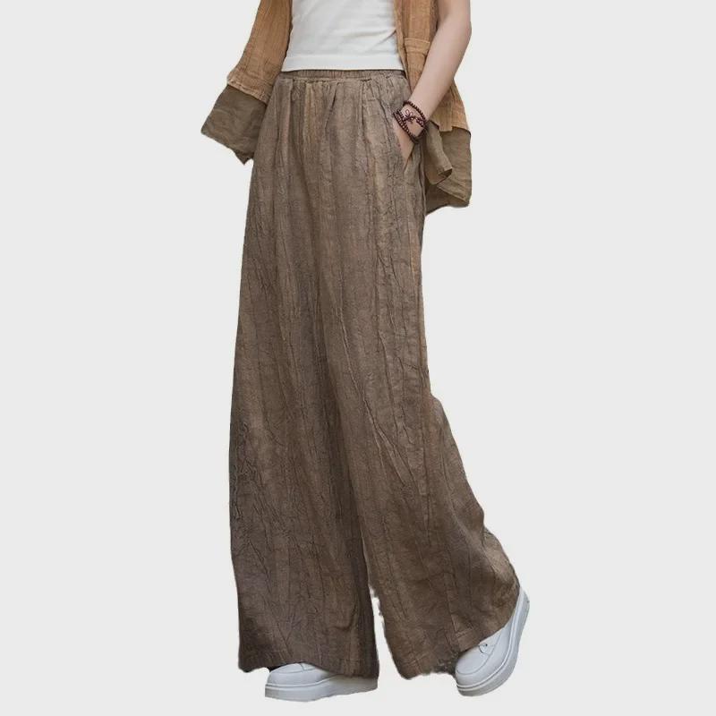 Women's Tie-Dye Cotton & Linen Wide-Leg Trousers with Velvet & Thickened Ramie