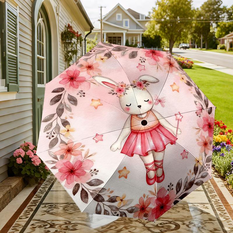 1pc rabbit ballerina Automatic Folding Umbrella, Heavy Duty 8 Rib Iron Frame,  Suitable for Travel, Daily Use, Birthday, Decor Gift m0104033