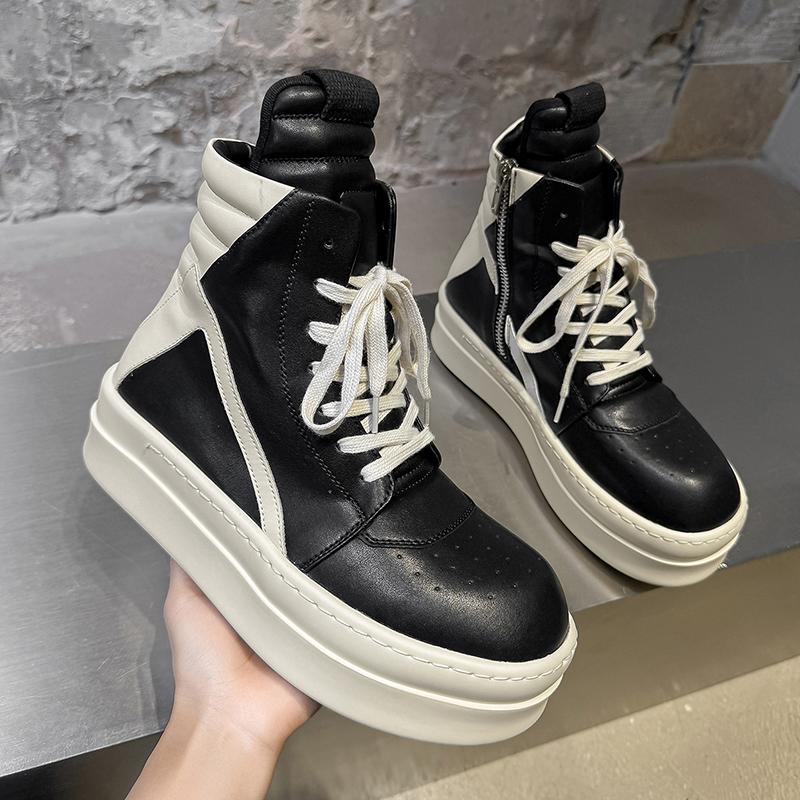 Fashion Street Style Casual Ankle Boots High Top Leather Shoes Fashion Thick Soled Motorcycle Boots Non Slip Outdoor Botas Thick Bottom