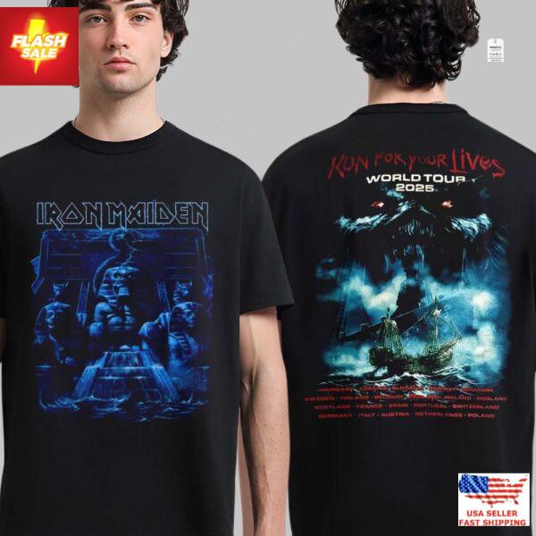 Iron Maiden Run For Your Lives World Tour 2025 Merch Tee Tour Schedule Powerslav Unisex T-Shirt XXL