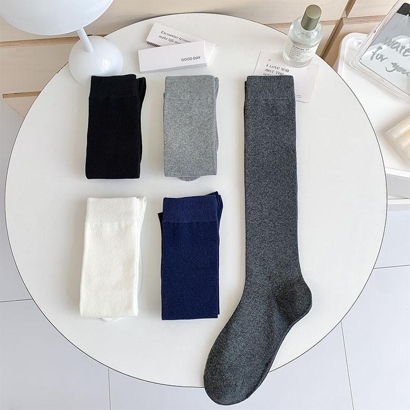 Women Stockings College Style Knitted Cotton Knee Socks JK School Girls Solid Color Black White Gray Long Socks Stockings Women