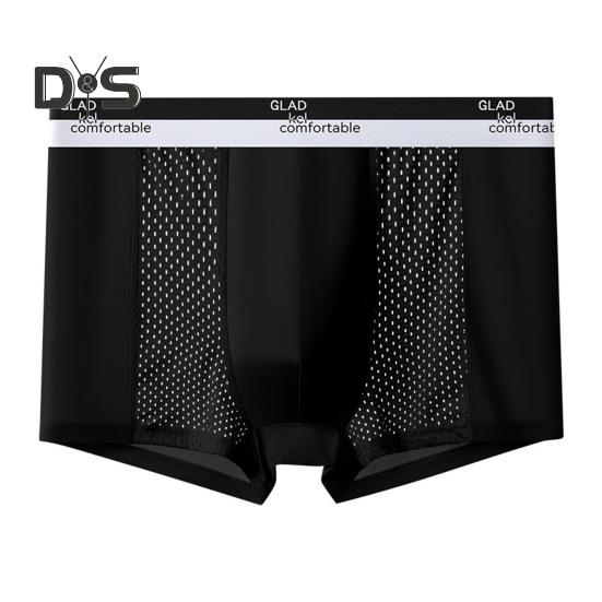 Men Boxer Underwear Mid-rise Breathable Holes Patchwork Color Shorts Panties U-Convex Design Ice Silk Underwear