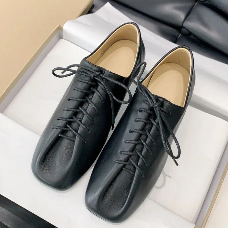 

2025 Casual Flats Women Classic Square Toe Leather Lace Up Solid Chic Concise High Quality Comfort Office Ladies Walking Shoes 35