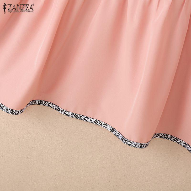 ZANZEA Kadın Rahat Yuvarlak Yaka Yaz Kısa Kollu Elbise