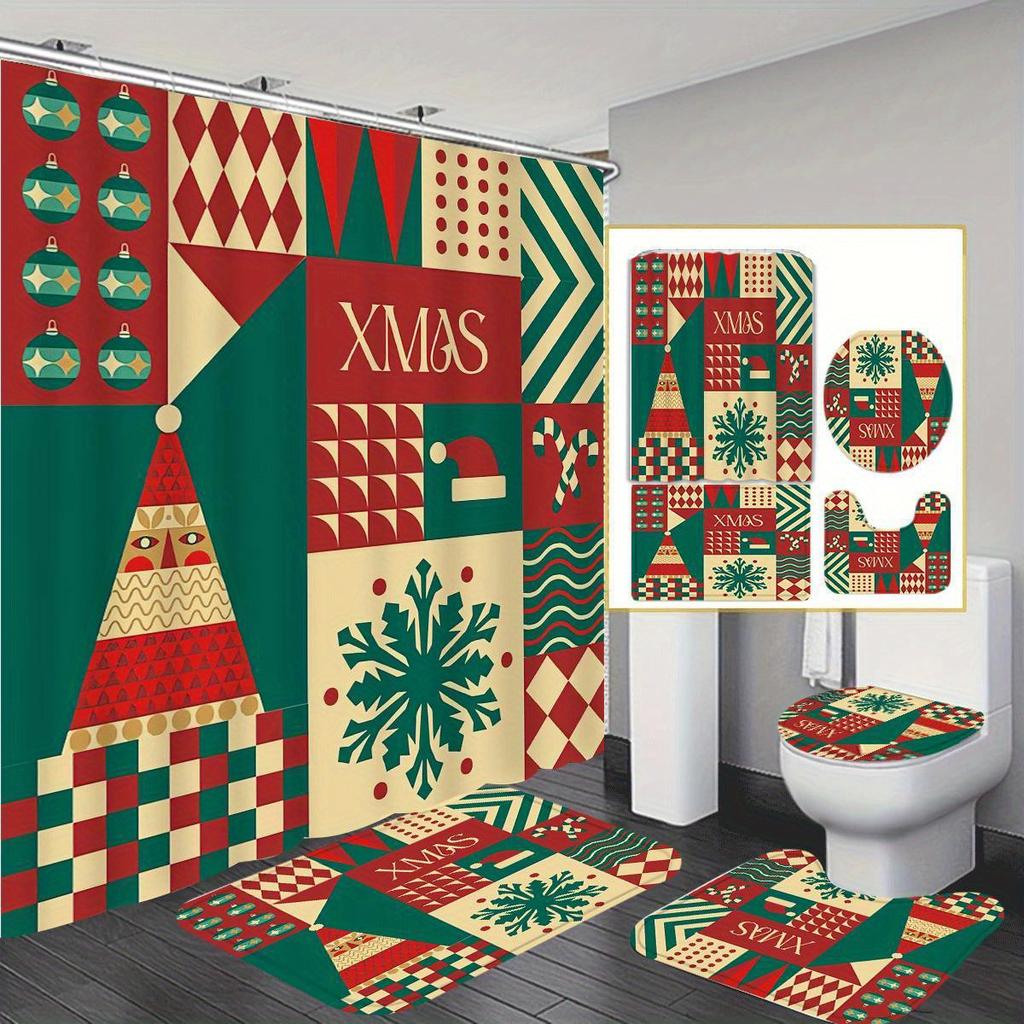 Christmas Merry Christmas 4pcs Winter Decoration Shower Curtain Set with 12 Hooks, Waterproof Shower Curtain, Non-Slip Bath Ma