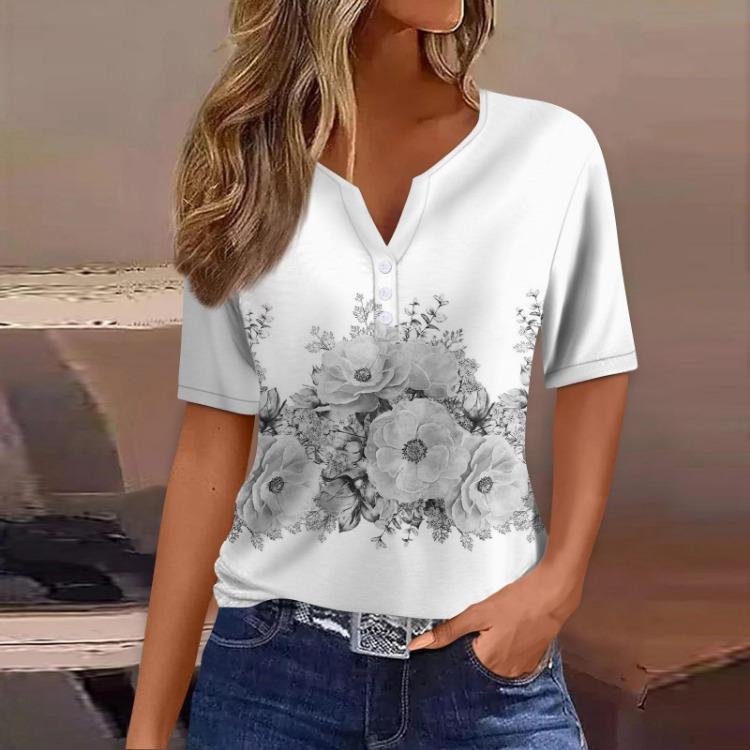 Casual Women's V Neck Short Sleeve T Shirt Regular Fit Basic Tee Print Button Fashion Weekend Daily Outfit Wear